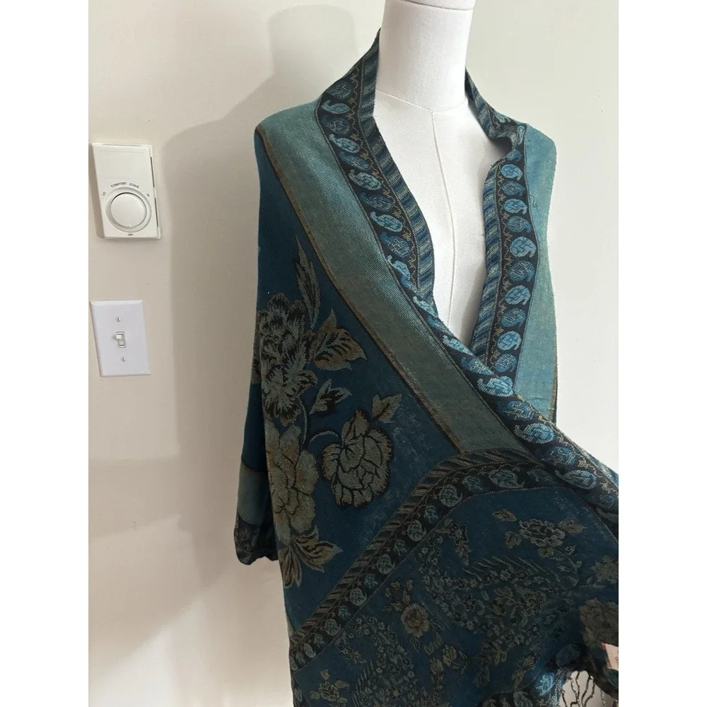 Pashmina Shawl Scarf Wrap Silk Cashmere Blue Floral Fringe Whimsigoth Boho